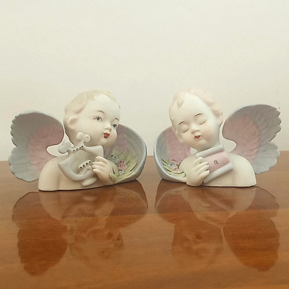 Vintage Lefton bisque cherub angel bust pair
